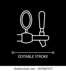 Beer tap white linear icon for dark theme. Bar craft alcohol. Brewery machinery faucet. Thin line customizable illustration. Isolated vector contour symbol for night mode. Editable stroke