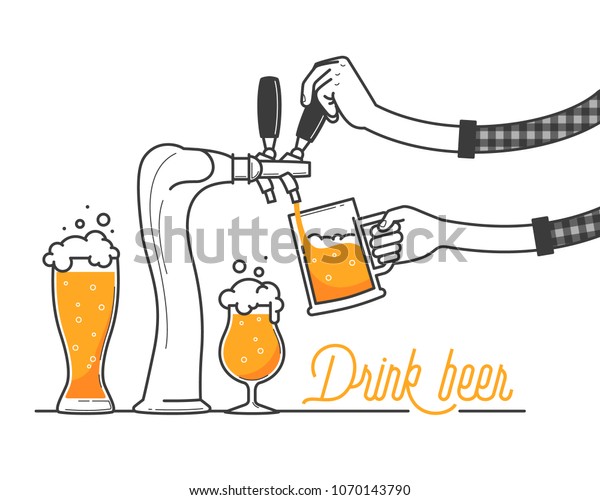 バーでビールをたたく ドイツでのオクトブラフェストのお祝いは最も少ない 白い背景にビールのタイポグラフィーベクターイラストを飲み ます 休日は黄色のビールと泡 飲み放題飲め 乾杯 のベクター画像素材 ロイヤリティフリー