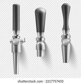 Beer taps with black handles, realistic different shape equipment for bar or pub. Faucets for pouring beverage with stainless elements isolated on transparent background, 3d vector illustration mockup