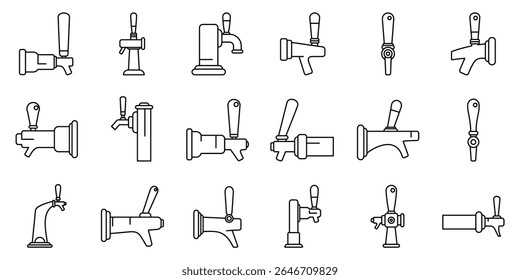 Beer taps icons set. Beer tap handles, dispensing refreshment, one pint at a time, a collection of various beer tap handles