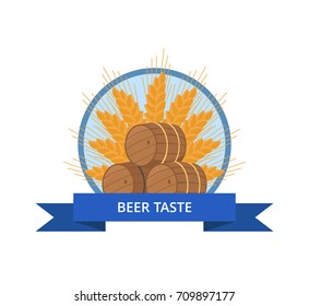 Beer taste logo design with wooden barrels vector in circle with blue ribbon. Three casks or tuns hollow cylindrical container, made of wood