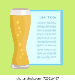 Beer taste poster of a big glass of weizen full of bubbles and foam, there is text form in frame for filling on green vector illustration