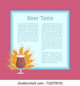 Beer taste poster with dark pink background and text on light blue square. Isolated vector illustration of full tulip glass and ripe wheat ears behind