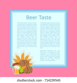 Beer taste poster with pink background. Vector illustration of wooden casks, fried sausage on carving knife, mug, green hop and ears of wheat