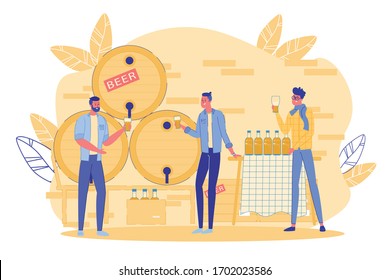 Beer Tasting Event Or Degustation Party. Presentation Marketing Campaign. Glass Bottle On Table, In Box And Wooden Barrel Stack With Alcoholic Drink. Man Group Drinking Beverage. Vector Illustration