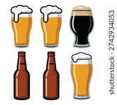 Beer tasting flight vector with lager pint, wheat glass, stout, amber ale, plus bottles, festival poster, bar menu, brewery event