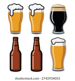 Beer tasting flight vector with lager pint, wheat glass, stout, amber ale, plus bottles, festival poster, bar menu, brewery event