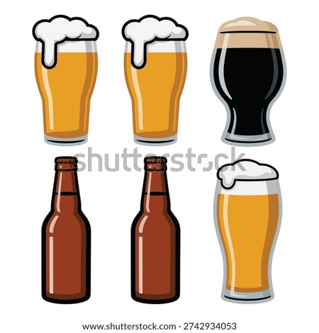 Beer tasting flight vector with lager pint, wheat glass, stout, amber ale, plus bottles, festival poster, bar menu, brewery event
