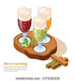 Beer tasting glasses with foam on top on wooden tray with hop twigs isometric background vector illustration 