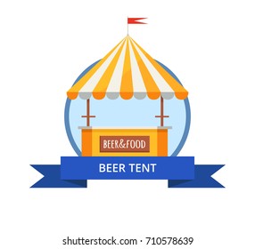 Beer tent of orange and white colors at octoberfest selling drinks, food represented on white and bluish background on vector illustration.