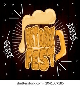 Beer with text on a wooden background with chalk oktoberfest ornaments