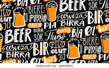 Beer text pattern on black board. Word beer in different languages. Italian birra, spanish cerveza, macedonian pivo, german bier. Chalk lettering seamless texture for pubs, menu and placemats.