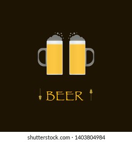 beer text with two full pints of beer and text decorated of wheat on dark background