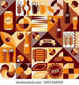 Beer theme background with icons, design elements in simple geometric style. Seamless pattern with abstract shapes. Good for branding, decoration of beer package, cover design, decorative print