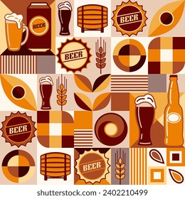 Beer theme background with icons, design elements in simple geometric style. Seamless pattern with abstract shapes. Good for branding, decoration of beer package, cover design, decorative print