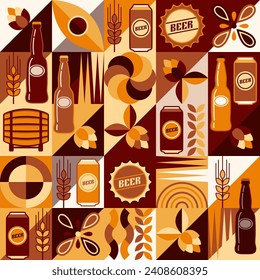 Beer theme background with icons, design elements in simple geometric style. Seamless pattern with abstract shapes. Good for branding, decoration of beer package, cover design, decorative print