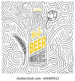 Beer theme card design. The lettering - Best Beer Here. Handwritten swirl pattern. Vector illustration.