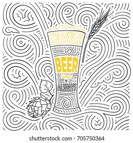 Beer theme card design. The lettering - Beer Time Is Always. Handwritten swirl pattern. Vector illustration.