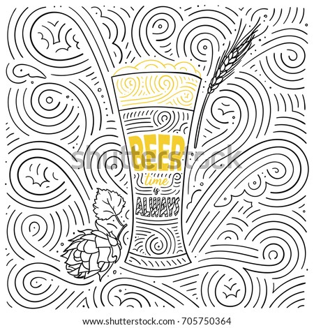 Beer theme card design. The lettering - Beer Time Is Always. Handwritten swirl pattern. Vector illustration.