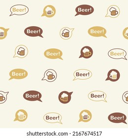 Beer themed seamless repeat vector pattern. Tiny speech bubbles, balloons with beer mug icon and word BEER. Pub, bar decoration. Flat style International Beer Day simple background. 