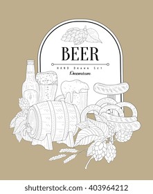 Beer Themed Vintage Vector Hand Drawn Design Card