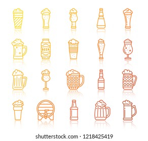 Beer thin line icon set. Outline vector sign kit of tall glass. Pub bar linear icons of glassware, bottle, pitcher, brewery, barrel. Simple oktoberfest contour symbol with reflection isolated on white