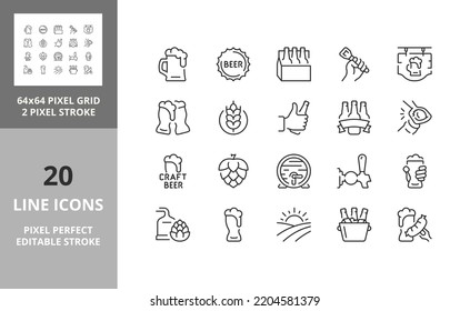 Beer. Thin line icon set. Outline symbol collection. Editable vector stroke. 64 and 256 Pixel Perfect scalable to 128px