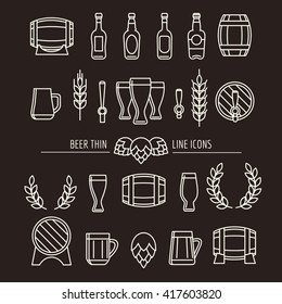 Beer thin line icons. Brewery outline signs with mug and bottle, hops and barrels. Vector illustration