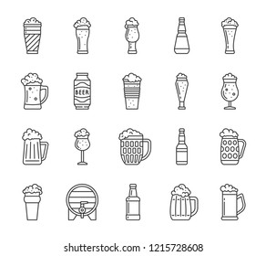 Beer thin line icons set. Outline sign kit of tall glass. Clay Mug linear icon collection includes pint, vintage can, barley beverage. Simple black contour symbol isolated on white vector Illustration