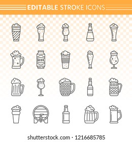 Beer thin line icons set. Outline web sign kit of tall glass. Clay Mug linear icon collection includes bar, alcohol drink, full cup. Editable stroke without fill. Beer simple contour vector symbol