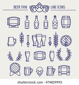 Beer thin line icons set isolated on grey background. Vector illustration