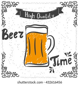 Beer time. Brewery poster. Handwritten lettering for brewery. Craft beer poster. Vector illustration.