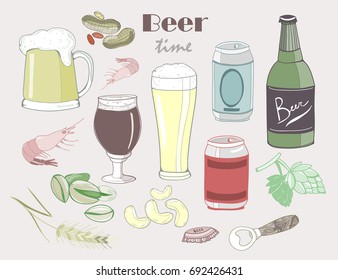 It's beer time! Colored graphic vector set. All elements are isolated