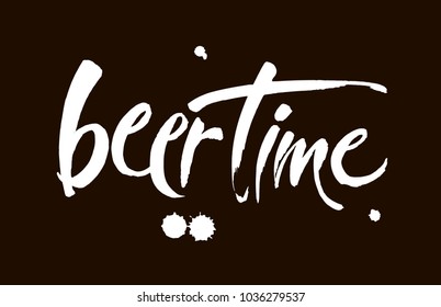 Beer Time. Time to Drink lettering. Vector illustration for web, poster, invitation to party. Handwritten modern brush lettering on black background.