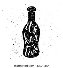 It's beer time. Vector hand written brush pen calligraphy phrase or quote in a bottle shape. Cute isolated letters on an abstract background for Oktoberfest, bar or pub about drinking a beer.