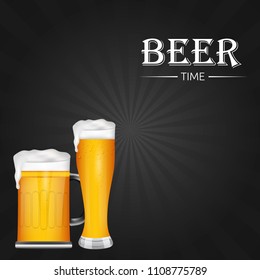 Beer time vector light beer glass with foam. Backgound and template design illustration.