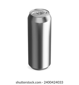 Beer tin isolated vector mockup. Soda drink template, 3d realistic design. Recycling beverage can, energy drinking or water pack. 500ml long cylinder bottle for juice, lemonade or lager