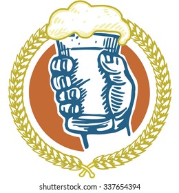 Beer Toast logo  hand with raised foamy glass of beer color lithograph.