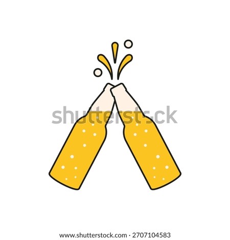 Beer toast. Two beer bottles together icon. Clink, cheers and toasting. Vector outline illustration white background.	