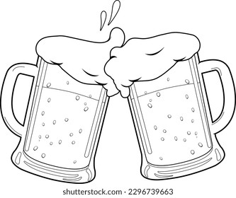 Beer toasting. Vector black and white coloring page