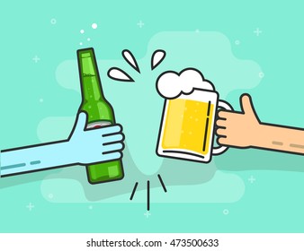 Beer toasting vector illustration on blue background, hands holding beer glasses with foam and bubbles flat outline line style, concept of celebrating in pub, birthday party