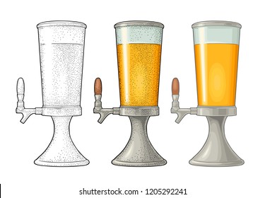 Beer tower with tap. Vintage vector black and color engraving illustration for web, poster, invitation to beer party. Hand drawn design element isolated on white background.
