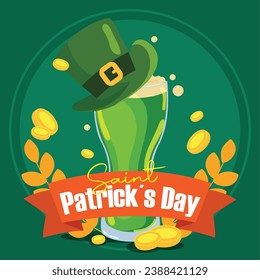 Beer with traditional hat Happy saint patrick day poster Vector illustration