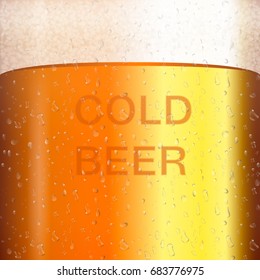 Beer with transparent bubble on mug. Yellow liquid 3d realistic vector illustration. Cold beer texture with condensate.