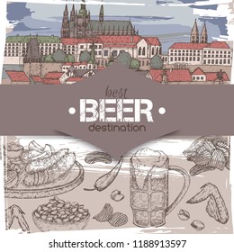 Beer travel destination template with color Prague old town sketch, beer mug, chips, nuts, chicken wings and snack plate. Great for bar, restaurant, cards and menu, pub signs, culinary design.