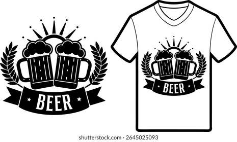 Design de T-Shirt de Cerveja - Dois Steins com Trigo e Sunburst Emblem