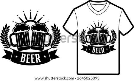 Beer T-Shirt Design – Two Steins with Wheat and Sunburst Emblem