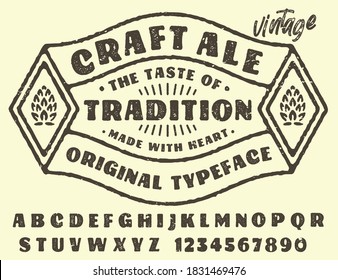 " beer " typeface. Vector hand crafted font in medieval style with hops. Good for posters, alcohol label and festival invitation.Letters and numbers.Vector illustration.