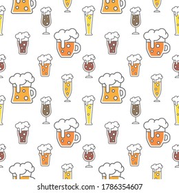 Beer types colorful seamless pattern design. Beer glasses for ale, weizen, pint and mug, cute vector pattern.