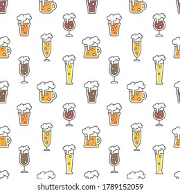 Beer types colorful seamless pattern design. Beer glasses for ale, weizen, pint and mug, cute vector pattern.